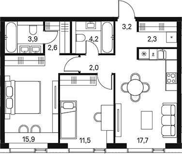 3-комн., 63.3 м², 28/30 этаж, ЖК «Моментс»