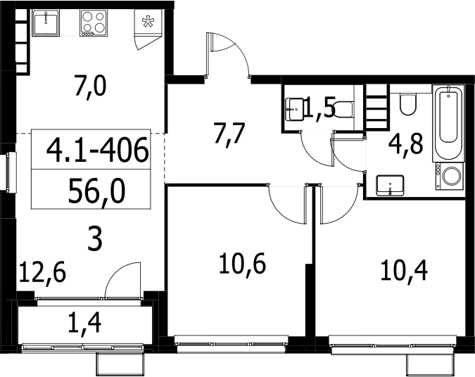 3-комн., 54.6 м², 29/30 этаж, ЖК «Южные сады»