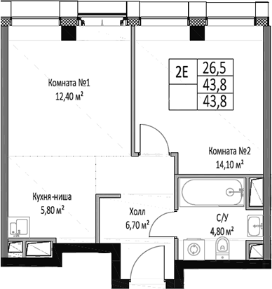 2-комн., 43.8 м², 15/26 этаж, ЖК «ЭМОУШН»