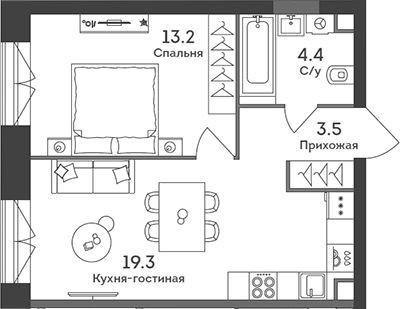 2-комн., 40.4 м², 7/52 этаж, ЖК «ЭРА»