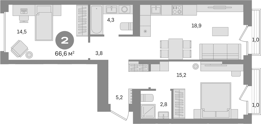 2-комн., 64.6 м², 2/9 этаж, ЖК «Первый квартал. Вторая очередь»