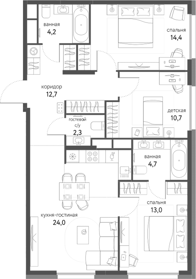 4+ комнаты, 84.9 м², 17/25 этаж, ЖК «Сиреневый парк»