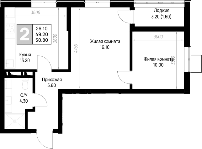 2-комн., 49.2 м², 8/9 этаж, ЖК «На высоком берегу»