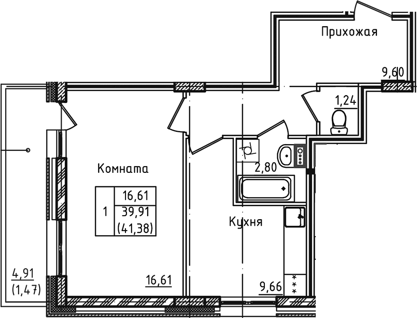 1-комн., 39.91 м², 1/5 этаж, ЖК «Зеленый город»