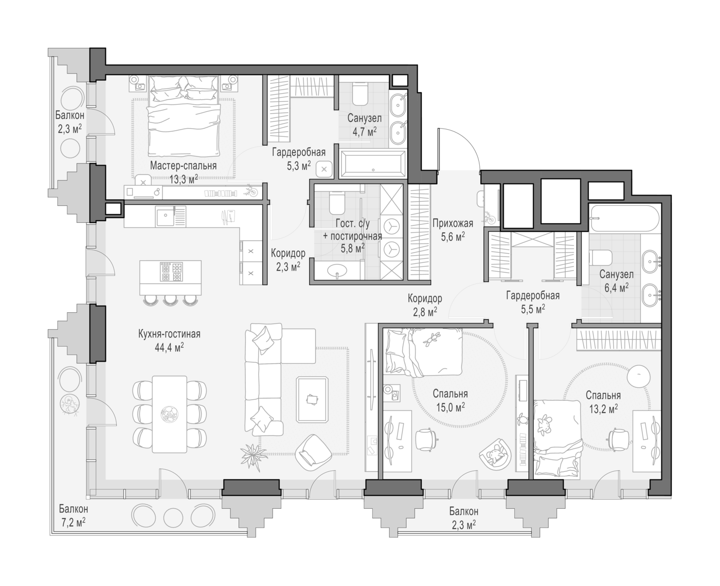 4+ комнаты, 123.96 м², 3/14 этаж, ЖК «Квартал Тишинский бульвар»