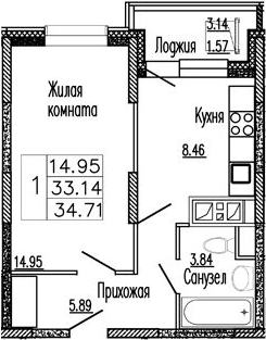 1-комн., 34.4 м², 5/9 этаж, ЖК «Клевер»