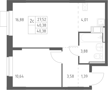 2-комн., 40.38 м², 3/12 этаж, ЖК «Пятницкие Луга»