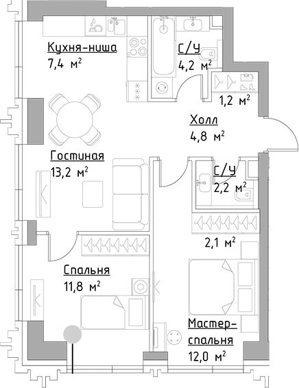 3-комн., 58.9 м², 3/45 этаж, ЖК «Левел Павелецкая Сити»