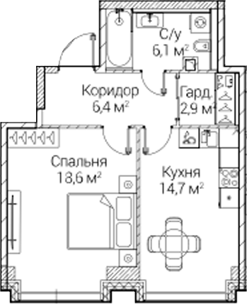1-комн., 48.72 м², 14/41 этаж, ЖК «СЕЗАР БУДУЩЕЕ»