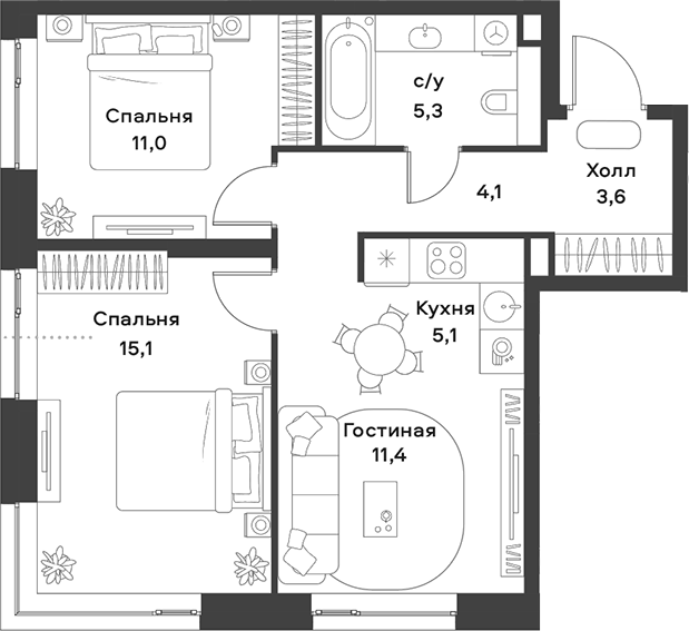 3-комн., 55.6 м², 2/28 этаж, ЖК «АЛИА»