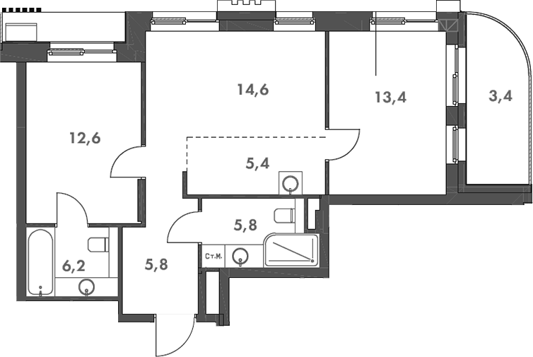 3-комн., 63.8 м², 8/14 этаж, ЖК «Родина Парк»