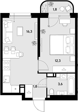 1-комн., 34 м², 8/18 этаж, ЖК «Грейд»