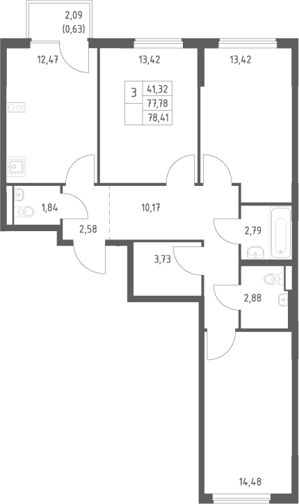 3-комн., 77.78 м², 3/17 этаж, ЖК «Горки Парк»