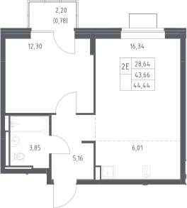 2-комн., 43.66 м², 8/12 этаж, ЖК «Богдановский лес»
