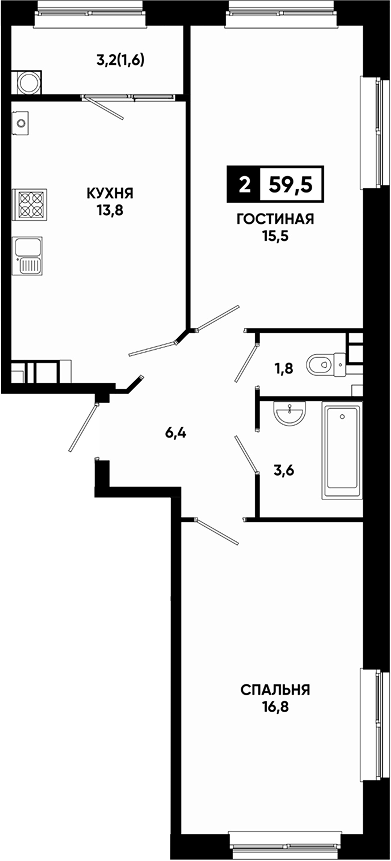 2-комн., 57.9 м², 7/14 этаж, ЖК «Резиденция Софи»