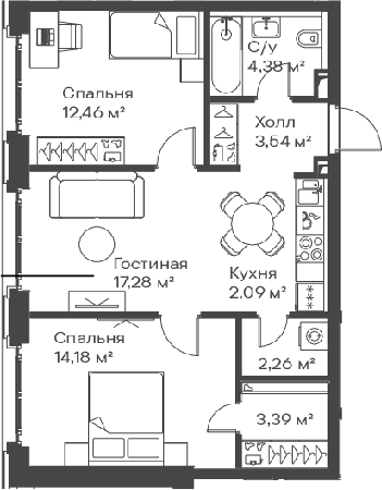 3-комн., 59.58 м², 6/15 этаж, ЖК «Сити Бэй»