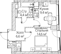 1-комн., 34.79 м², 9/60 этаж, ЖК «СЕЗАР БУДУЩЕЕ»