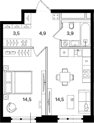 1-комн., 41.3 м², 5/12 этаж, ЖК «Мангазея на Речном»