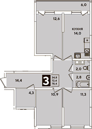 3-комн. квартира, 72.4 м² в ЖК Самолет — фото 3