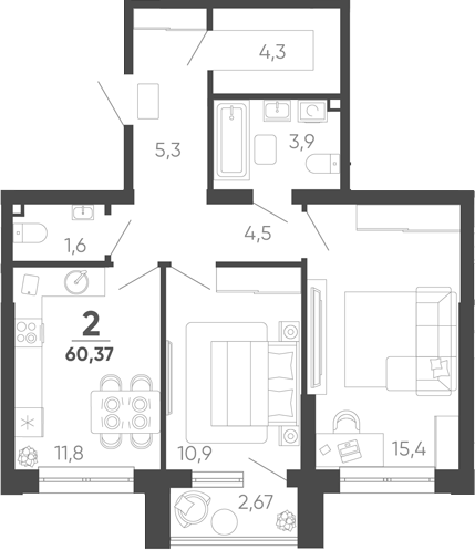 2-комн. квартира, 59.57 м² в ЖК Барса — фото 2