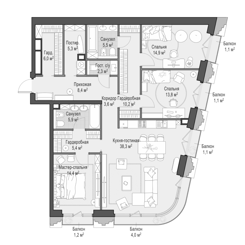 4+ комнаты, 133.65 м², 4/11 этаж, ЖК «Квартал Тишинский бульвар»