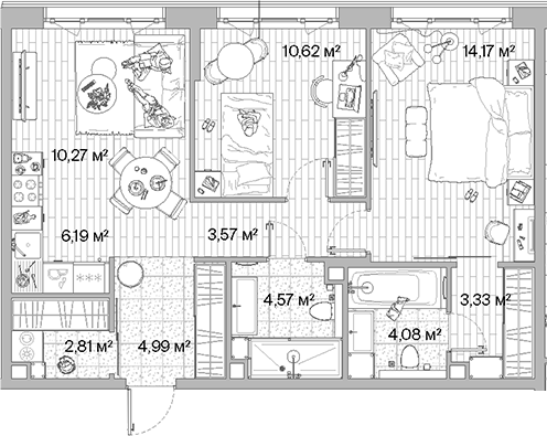 3-комн., 64.6 м², 2/12 этаж, ЖК «МЫС»