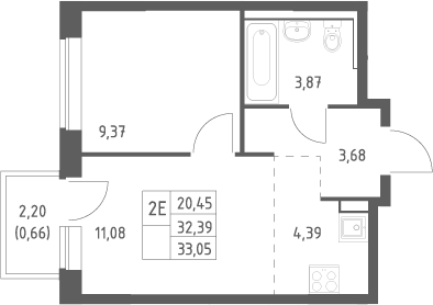 2-комн., 32.39 м², 3/12 этаж, ЖК «Пригород Лесное»