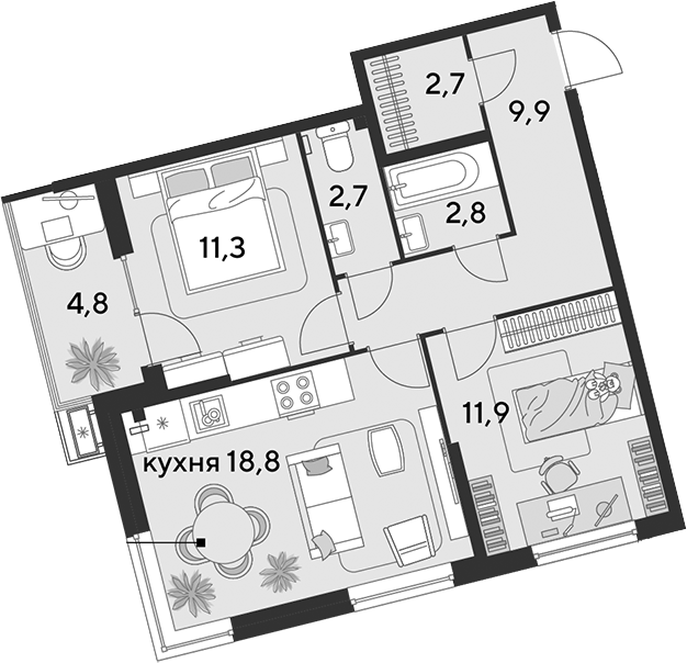 3-комн. квартира, 60.1 м² в ЖК Парк Победы — фото 2