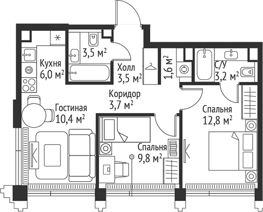 3-комн., 54.5 м², 39/45 этаж, ЖК «СЕТ»