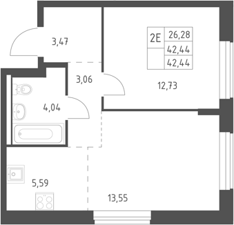2-комн., 42.44 м², 6/11 этаж, ЖК «Горки Парк»