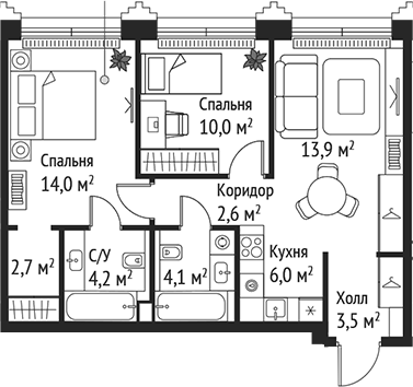 3-комн., 61 м², 36/59 этаж, ЖК «СЕТ»