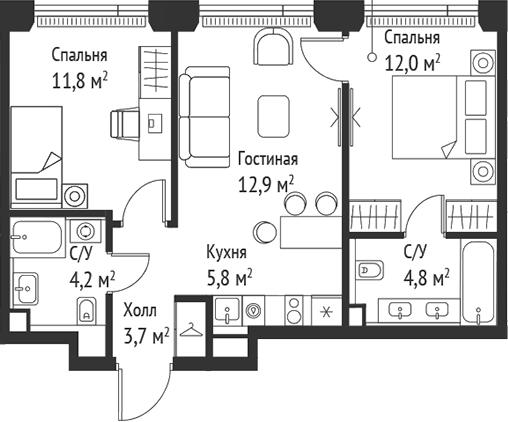 3-комн., 55.3 м², 26/52 этаж, ЖК «СЕТ»