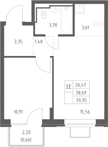2-комн., 38.69 м², 12/12 этаж, ЖК «Богдановский лес»