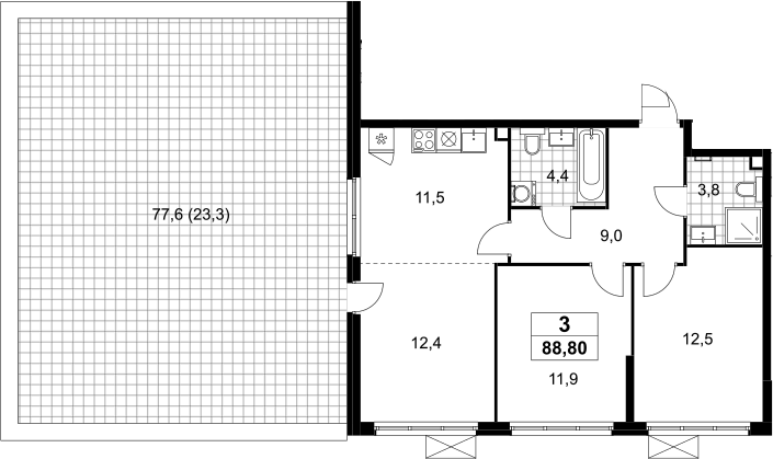3-комн., 65.5 м², 2/12 этаж, ЖК «Скандинавия»