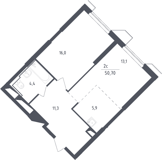 2-комн., 50.7 м², 20/30 этаж, ЖК «Скай Спутник»