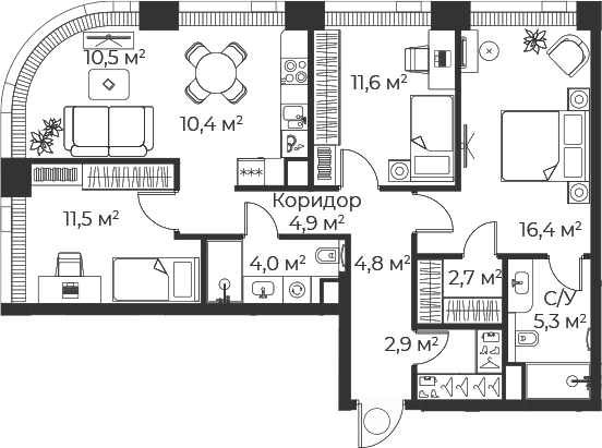 4+ комнаты, 84.7 м², 55/71 этаж, ЖК «Веер»