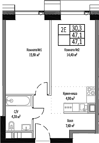 2-комн., 47.1 м², 4/35 этаж, ЖК «Мираполис»