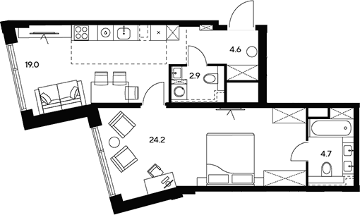 2-комн., 55.4 м², 33/46 этаж, ЖК «НЕКСУС от Аквилон»