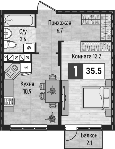 1-комн., 33.4 м², 8/8 этаж, ЖК «Живописный»