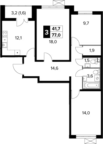 3-комн., 75.4 м², 7/24 этаж, ЖК «Южная Битца»
