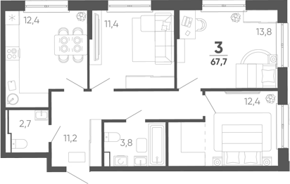 3-комн. квартира, 67.7 м² в ЖК Барса — фото 2