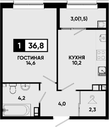 1-комн., 35.3 м², 7/14 этаж, ЖК «Квартал на курорте Моя Легенда»