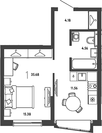 1-комн., 35.68 м², 18/19 этаж, ЖК «Страна.Парковая»