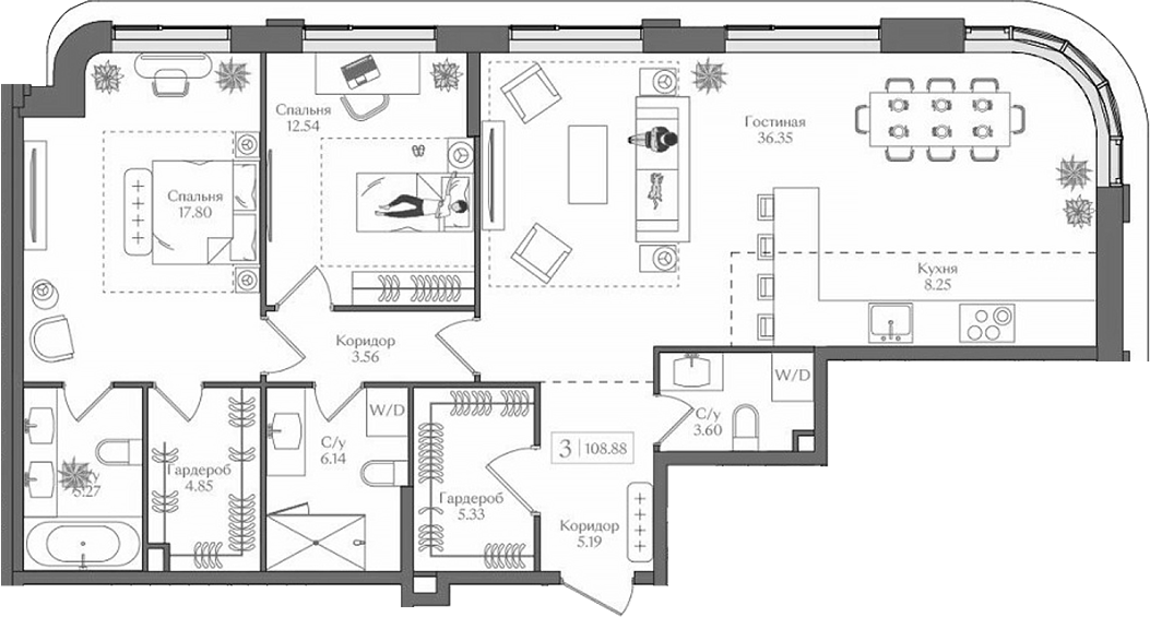 3-комн., 108.88 м², 4/14 этаж, ЖК «Преображенская площадь»