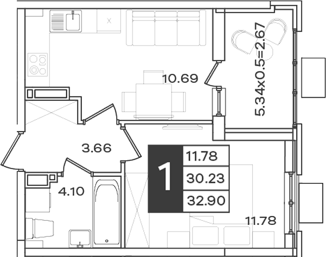 1-комн., 30.23 м², 13/18 этаж, ЖК «Сюжеты»