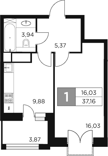 1-комн., 35.22 м², 8/12 этаж, ЖК «Восток 2»