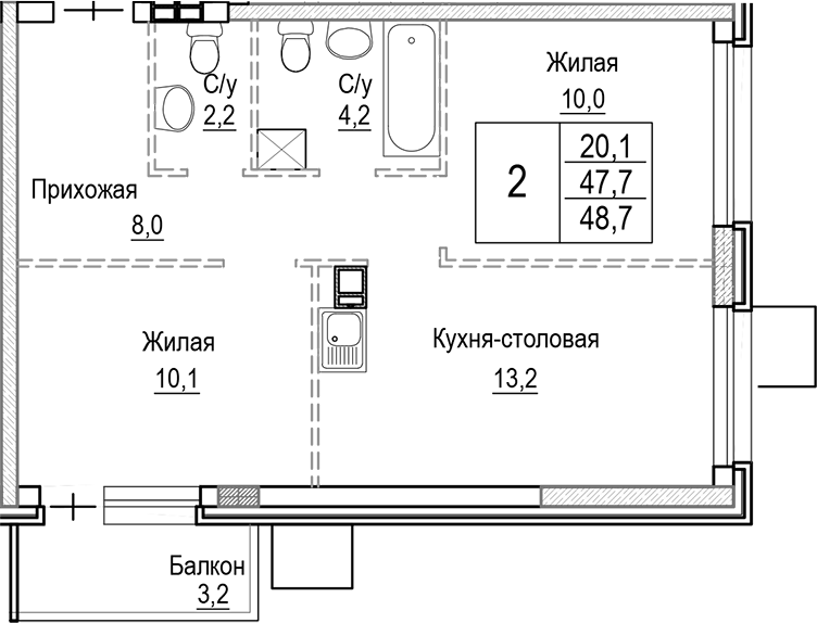 3-комн., 47.74 м², 8/9 этаж, ЖК «Лесная Отрада»