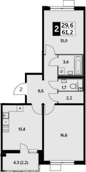 2-комн., 59 м², 10/23 этаж, ЖК «Южная Битца»