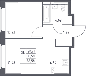 2-комн., 35.58 м², 2/16 этаж, ЖК «Космический Квартал»