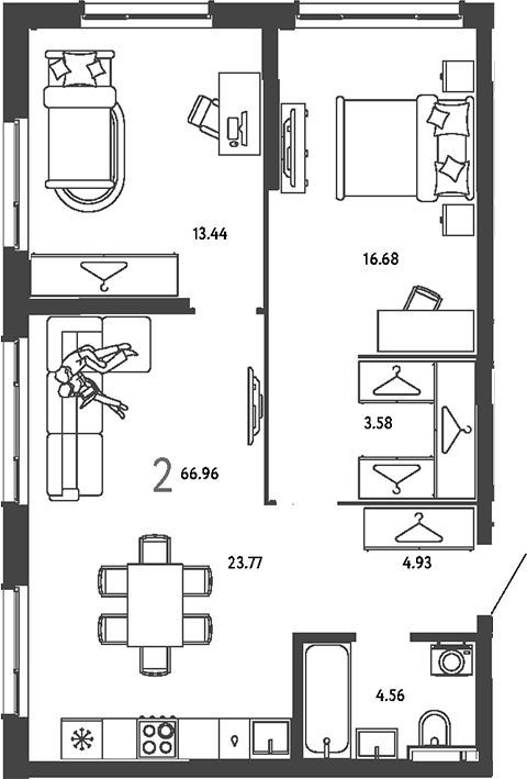 2-комн., 66.96 м², 14/25 этаж, ЖК «Страна.Парковая»